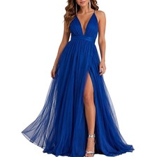 Windsor Royal Blue Tulle Plunging V-Neck Formal Gown Maxi Dress High Slit Prom