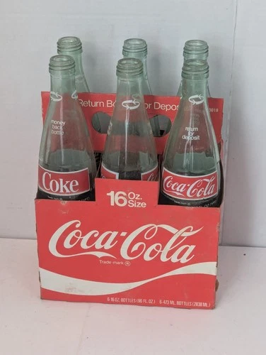 Lot Of 6 Vintage 16oz. Coca Cola Glass Soda Bottles W/ Cardboard Carrier