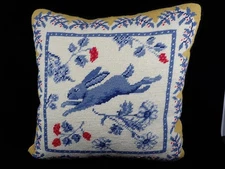 Handmade Needlepoint Pillow Blue rabbit & Floral Motif Vintage Folk Art Style
