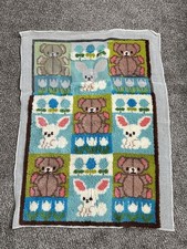 VTG Unfinished Latch Hook Rug Hanging Bear Tulips Lamb Baby 41x55