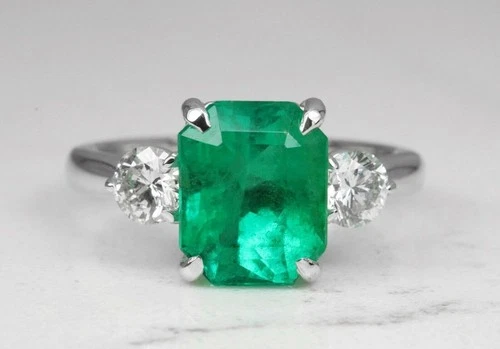 Art Deco Antique 3.10 Ct Natural Green Emerald Vintage Ring 14K White Gold FN