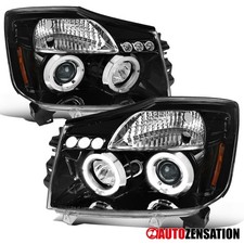 Fit 2004-2015 Titan 04-07 Armada Slick Black Led Halo Projector Headlights Lamps