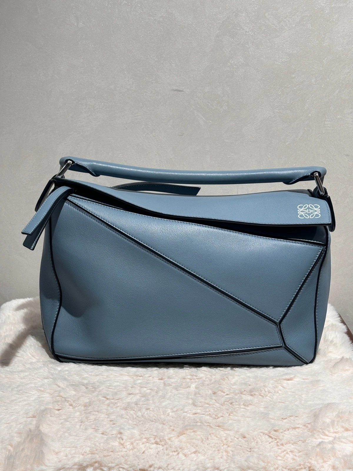 Loewe — Authentic Loewe Puzzle Medium Blue Top Handle Crossbody Bag Silver Hardware