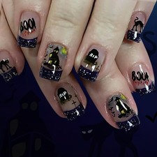 Mkwntg 24Pcs Halloween Press on Nails Short Square Fake Nails Purple Glitter ...