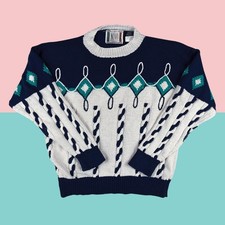 Vintage NOVO Knit Sweater Mens M Navy Cream Geometric Pattern 90s Crewneck