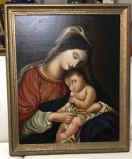 🌈 Vecchio dipinto olio su tavola Vergine con Bambino 86 X 71 cm