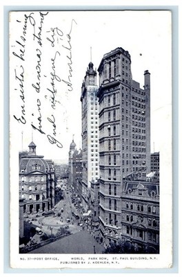 1902 Post Office, World, Park Row, St. Paul Building New York NY Postcard