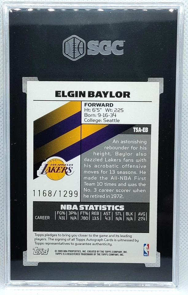 SGC 9 10 埃尔金·贝勒签名/1299 2008-09 托普斯签名亲笔签名湖人名人堂 — 第 2/2 张图片