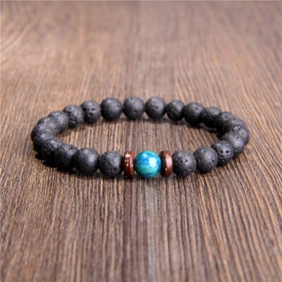Bracelet Perles Pierre De Lave Et Malachite Sur Mesure - Fait Main, Sans Fermoir, Style Tribal