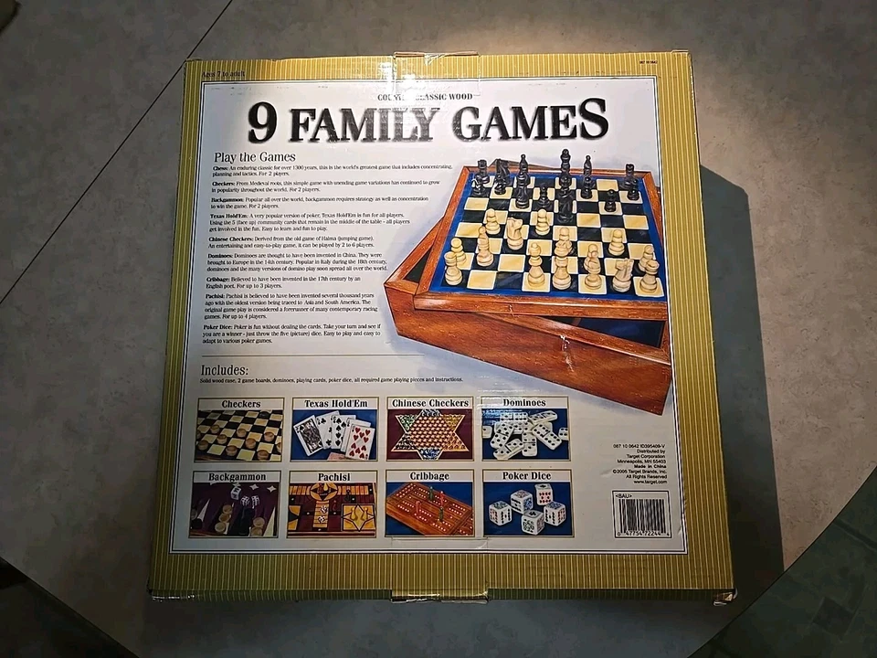 9 Classic Family Games w/ Wood Box Chess Checkers Cribbage 2005 COMPLETE - Image 2 of 3