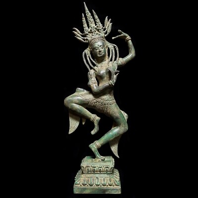 Bronze Dancing Apsara Statue 15.5'' Antique Khmer Style Verdigris Patina Decor