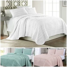 Chezmoi Collection Katy 3-Piece Cotton Quilt Set Frayed Edge Striped Bedspread