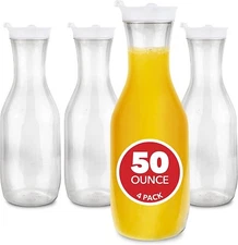 Netany  50 oz Plastic Water Carafes with White Flip Tab Lids (4 Pack)