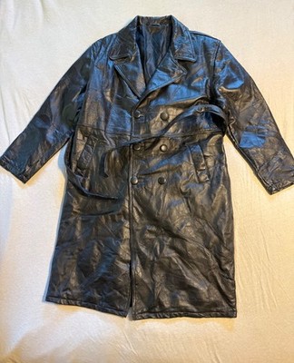 VINTAGE Men's Black Patchwork Leather Trench Coat Duster Size L Y2K Matrix