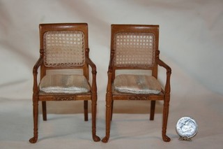 Miniature Dollhouse Pair Carved Cane Pecan Armchairs w Seat Cushions 1:12