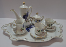 VTG Miniature Tea Set White Porcelain w/Blue Floral Gold Trim 10 Pcs w/Box