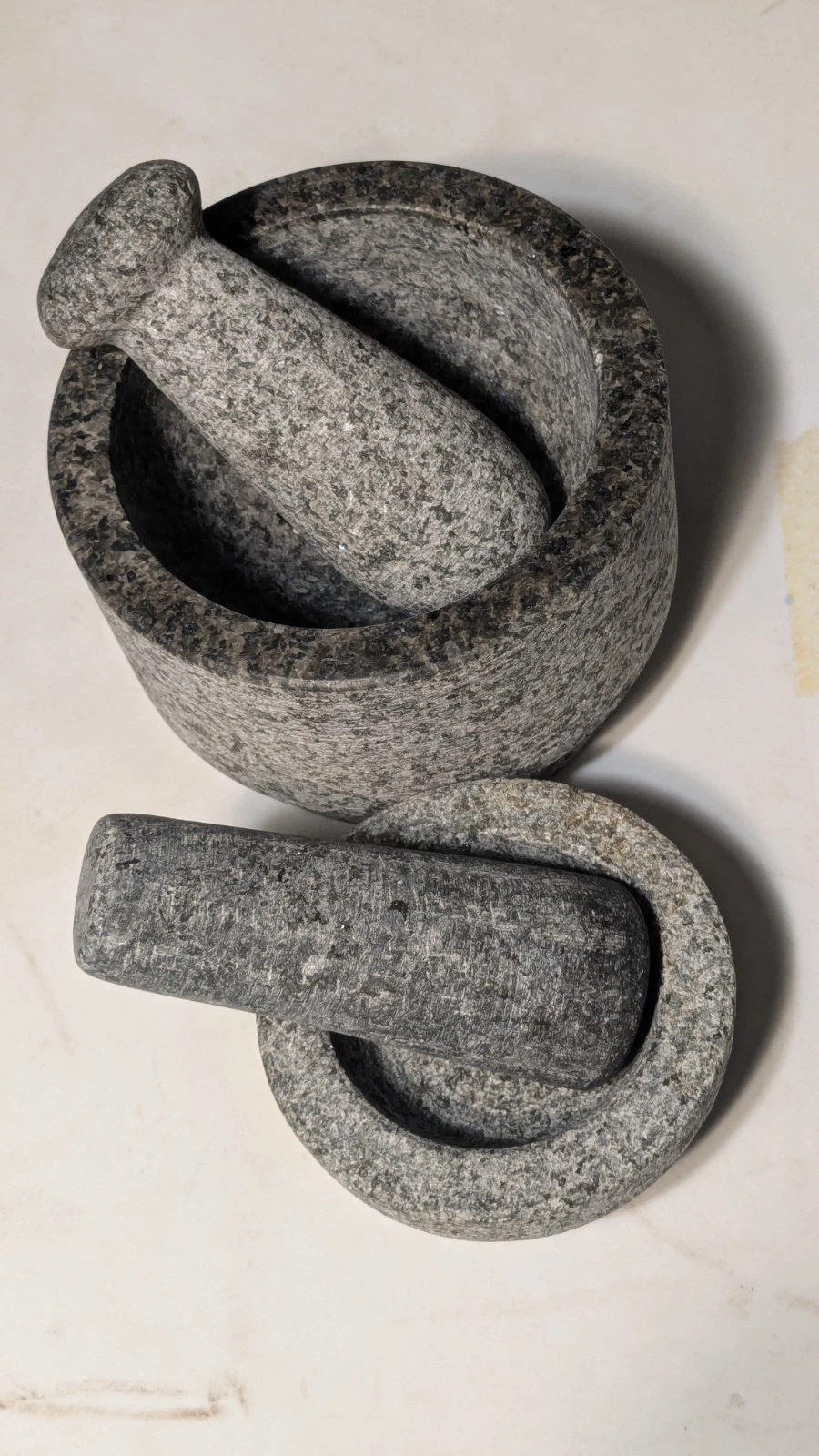 TWO SETS (One w/Double-End) Granite Mortar & Pestles. 5.5"x4" and 4"x2" Course