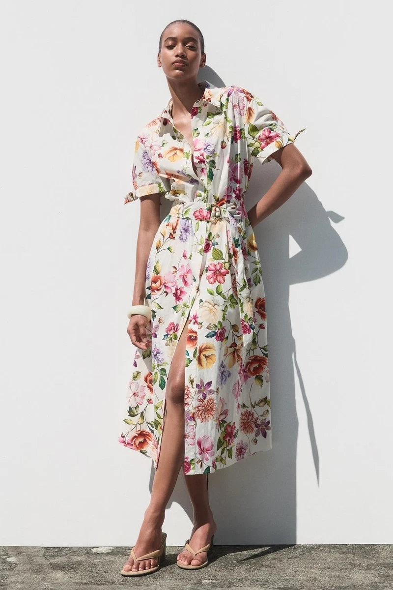 ＊サラマリカ＊Cotton Linen Flower Print Dress Zara Cotton Short Sleeve Floral Dresses for Women for sale | eBay
