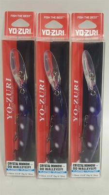 3 Yo-Zuri Crystal Minnow Deep Diver Walleye Floating Lures, 4 3/8'', Midnight NEW