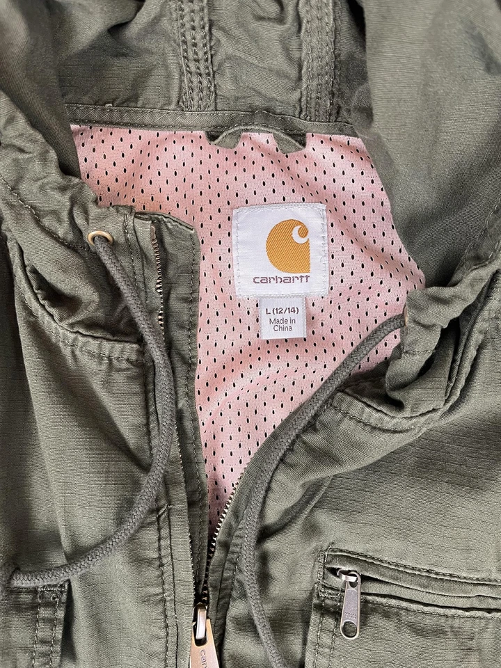 Chaqueta Carhartt Mujer Grande Verde Con Capucha Cremallera Completa Bolsillos Utilitarios Abrigo Exterior Foto 4 de 4
