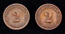 M&uuml;nzen 2 Pfennig Deutsches Reich Kaiserreich 1905 F und 1912 J Reichsadler