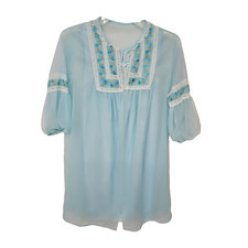 Vintage Nightgown Set SIZE SMALL Babydoll Blue sheer Tricot nylon Embroidered