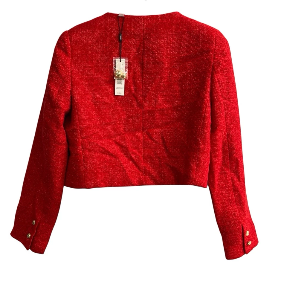 Blazer T Tahari Mujer 8 Rojo Tweed Chaqueta Recortada Botón Dorado Vacaciones Oficina Foto 2 de 4