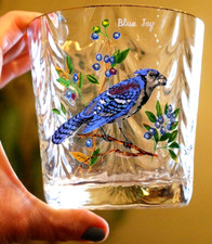 Vintage MCM Flat Tumbler Glass WATERFALL OPTIC HAND BLOWN W Blue Jay Bird & Gold