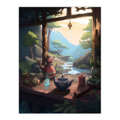 Tranquil Tea Ceremony in Nature Painting Japanese  Wall Art Poster Print Picture