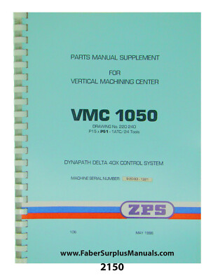 ZPS Vertical Machining Center VMC1050 Parts  Manual Supplement TAJMAC #2150