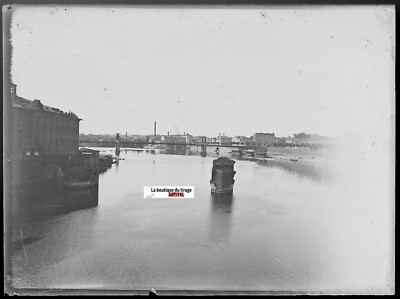 Toulouse, La Garonne, Glasplatte altes Foto, Negativ schwarz-weiß 9x12 cm