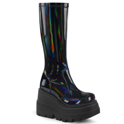 DEMONIA SHA65/BHG Women's Gothic Punk Wedge Platform Black Hologram Knee Boots