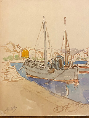 Corda Henri (1871-1950) & Aquarell & Sanary Auf Meer & Schiff & Ankerwinde &