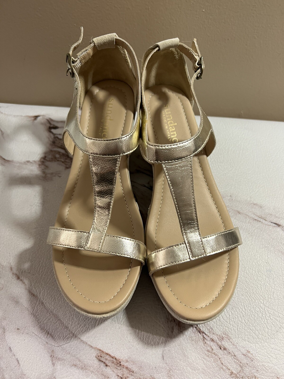 Sundance Catalog Gold Wedge Sandals Suede Size 38 7.5… Gem