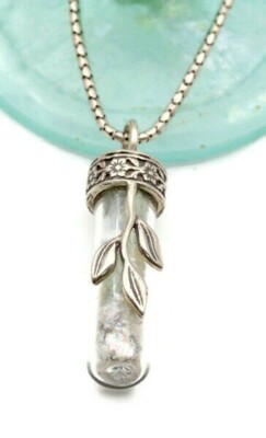 Roman Glass Olive Brunch Silver 925 Pendent Ancient Fragments Inside The Bottle