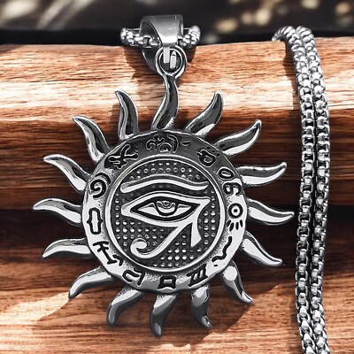 Eye of Ra Sun Necklace Silver 316L Stainless Steel Egyptian God Horus Pendant