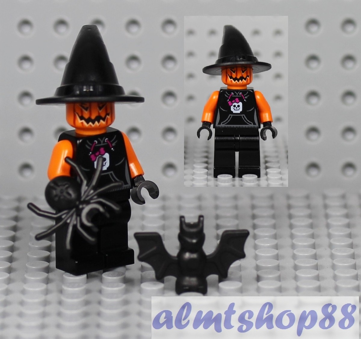 LEGO - Pumpkin Head Witch Minifigure w/ Bat & Spider - Halloween