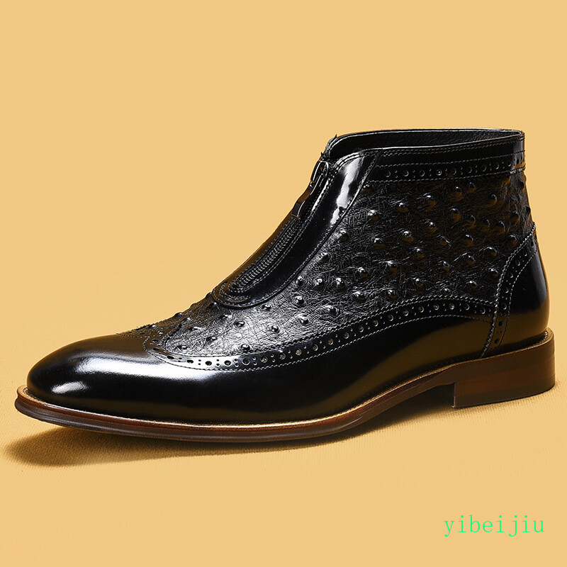 Men's 100% Real Leather Embossed Boots Patchwork Two Tone Shoes