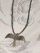 Vtg Sterling Peace Dove/Seagull/Swallow Necklace w Turquoise And Liquid Silver
