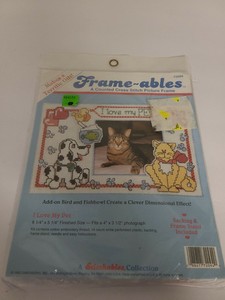 Vintage-1992-Frame-Able-Cross-Stitch-Picture-Frame-I-Love-My-Pets-72094-NEW-NOS