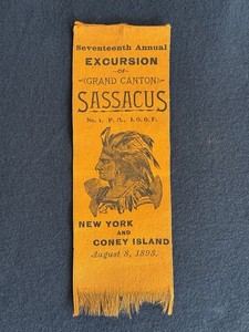 1893 I.O.O.F SASSACUS No. 1 Patriarchs Militant NY & Coney Island Ribbon RARE