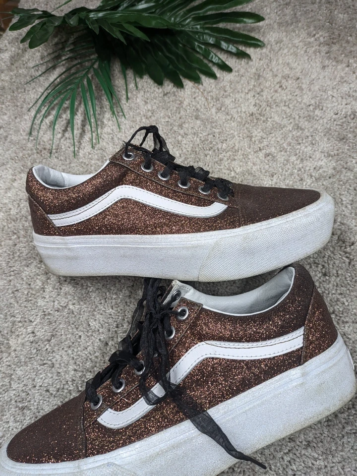 Vans Off the Wall Glitter Old Skool Platform Shoes Womens 7.5 Bronze Sneakers - Image 2 of 4