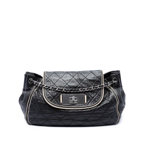 Chanel Quilted Lambskin East West Mademoiselle Accordion Flap Shoulder Bag Black