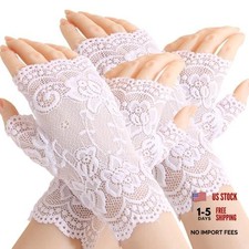 Women Short Lace Gloves, Fingerless Sunblock Bridal Wrist One Size White White