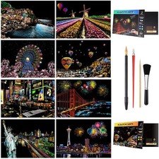 Rainbow Scratch Painting Cards A4 For Adults Night View Art Set 8 PCS