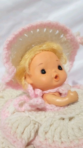 Vintage Crochet Doll Square Pillow Pink Dress Pink White Blonde Hair Bonnet