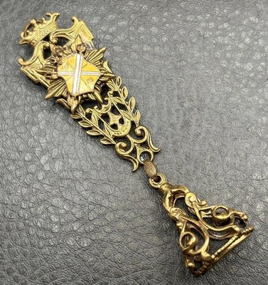 Vintage Filigree Fob Enamel Crest Shield Crown Seal Dangle Brooch Pin Gold Tone