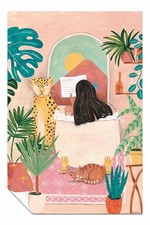 Woman taking bath in pink tropical bathroom Canvas Print