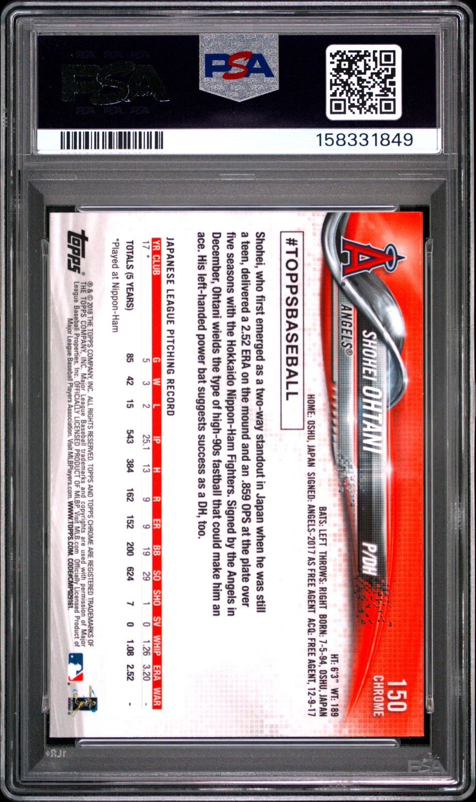 2018 Topps Chrome Shohei Ohtani RC Angels Rookie #150 PSA 10 view 2