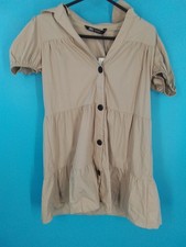 Womens Zara Beige Button Front Mini Dress Short Sleeves V Neck XS NWT